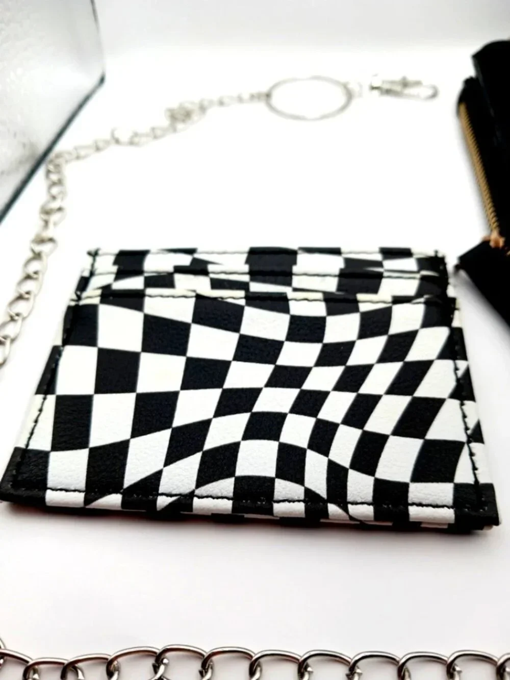 Black + White Skater Checkered Wallet with Removable Card Holder + Chain